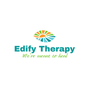 Edify Therapy logo featuring a colorful sunburst design with the slogan "We're meant to heal," representing mental health and counseling services.